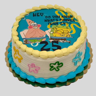 The Spongebob Funny cake features SpongeBob and Patrick, the quote “Hey, do you know what’s funnier than 24?” with the number 25, blue and white frosting, and colorful star shapes—a perfect kids cake!.