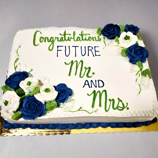 A rectangular Wedding Flowers cake with white icing, blue and white flower decorations, and "Congratulations Future Mr. and Mrs." written in green and blue frosting.