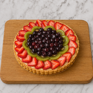 The Fruit Flan Tart features an Italian custard base topped with layers of strawberries, kiwi, and dark berries, beautifully arranged on a wooden board atop a marble surface.