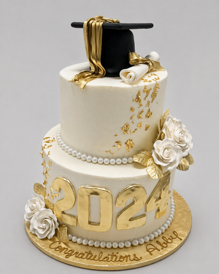 Celebrate their achievement with the Glamour Grad cake: a two-tiered white graduation cake featuring gold accents, white and gold roses, pearl details, a gold 2024 topper, black cap and diploma, and “Congratulations Alexis” on the base.