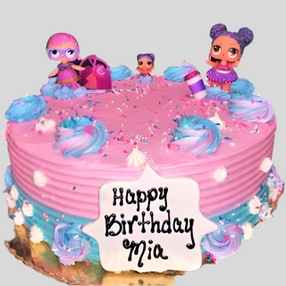 A round birthday cake with pink and blue frosting, topped with three Shimmer Figures and sprinkles. A white plaque on the front reads “Happy Birthday Mia” in black icing—perfect for kids who love these cute figures!.