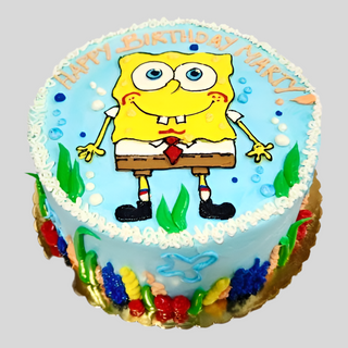 The Spongebob Drawn cake is a round, blue cake featuring SpongeBob SquarePants, sea-themed decorations, and "Happy Birthday Marc!"—a perfect custom kids' character cake for any celebration.