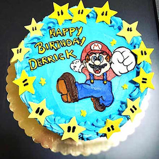 The Mario Stars cake is a round birthday cake with Mario stars and an image of Mario, featuring "Happy Birthday Derrick" in yellow letters on a blue background.