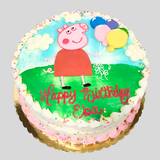 Peppa Smile: A round custom cake featuring Peppa Pig holding balloons, green grass, sky, colorful sprinkles, pink icing, and "Happy Birthday Elsa" in red—perfect for kids' character celebrations!.