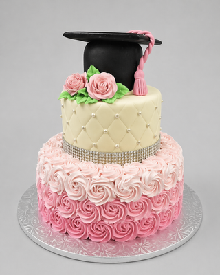Ombre Grad: Two-tier custom graduation cake with pink and white ombre rosette bottom, quilted cream top with pearls, pink roses, and a black graduation cap with pink tassel topper.