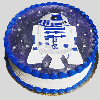 The Star Wars Drawn cake features an R2-D2 image on a purple and white starry background, perfect for kids, with blue icing on top and white icing on the sides.