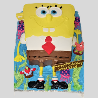 The SpongeBob Body cake is shaped and decorated like SpongeBob SquarePants with colorful icing details, plastic Patrick and Gary figures, and a chocolate plaque that says “Happy 7th Birthday Gabriella”—a perfect birthday cake for kids!.