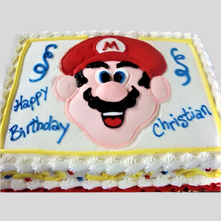 Rectangular custom cake featuring an icing image of Luigi’s face in the center, blue swirls around, and “Happy Birthday Christian” written in blue icing—perfect for a kids’ cake celebration. Product: Luigi Drawn.