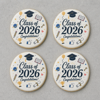 The Grad Image Cookie features four round cookies decorated with “Class of 2026 Congratulations!” in blue text, along with graduation caps, balloons, books, trophies, and festive icons on a white background.