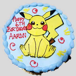 Pokemon Drawn: A custom cake with Pikachu in the center, blue icing, red and yellow swirls, and "Happy 6th Birthday Aaron" in red—perfect for any kids birthday party.