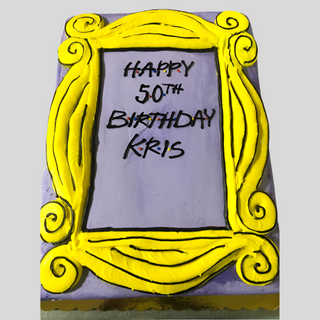 A rectangular purple Friends Mirror custom birthday cake with a yellow mirror frame design and "HAPPY 50TH BIRTHDAY KRIS" in black icing at the center.