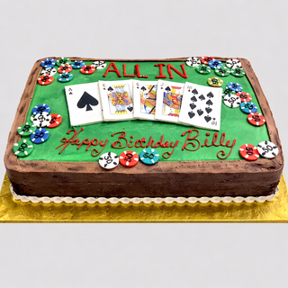The Poker Cards cake is a rectangular Sports & Hobby-inspired design decorated like a poker table, with cards, colorful chips, and “ALL IN” plus “Happy Birthday Billy” in red and green icing. Custom pricing for unique designs.