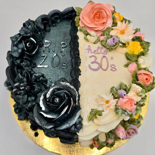 The RIP Hello cake is round, half black with black roses and "RIP 20s," half white with colorful flowers and "hello 30s" in purple icing.