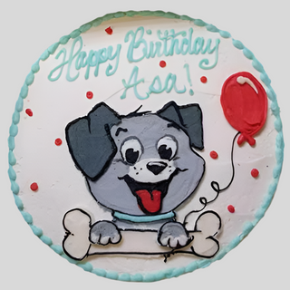 The Puppy Drawn cake is round, decorated with a cartoon gray dog holding a bone, a red balloon, and red dots. Blue icing borders the cake, and "Happy Birthday Asa!" is written on top in icing. Perfect for kids!.