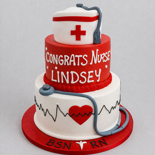The Nursing Grad cake is two-tiered, decorated with a nurse cap, stethoscope, red heart, and EKG line. It features “Congrats Nurse Lindsey” and “BSN RN,” perfect for celebrating a nursing graduation.