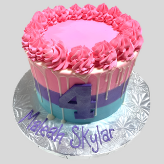 The "Colorful Sides" cake is a round kids' birthday cake with pink, purple, and blue layers, pink frosting swirls, white drips on top, a large purple number 4, and "Maleah Skylar" in purple on the silver board.