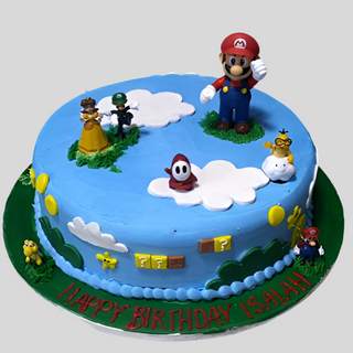 A round blue Mario Game cake topped with Super Mario characters, clouds, and game details. "Happy Birthday Isaiah" is written in red on the green board—a perfect custom kids cake for any Mario Game fan!.