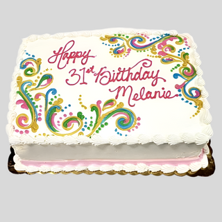 Rainbow Swirled rectangular custom birthday cake with white icing, rainbow swirled designs, decorative edges, and "Happy 31st Birthday Melanie" in pink frosting. Pink icing layer in the middle—perfect for specialty birthdays.