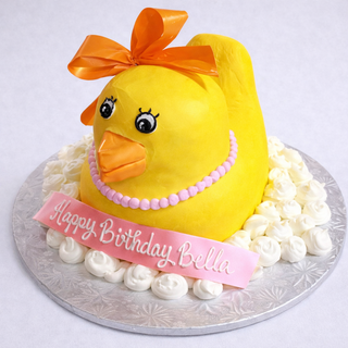 The 3D Duck cake features a yellow duck, orange bow, pink beaded necklace, white rosettes, and a "Happy Birthday Bella" pink banner—the perfect centerpiece for any celebration.