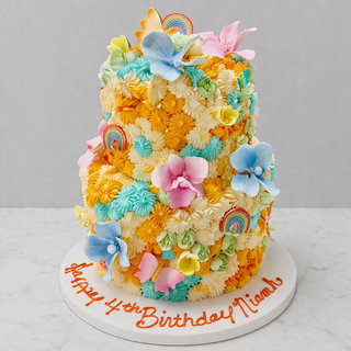 Garden Colors is a colorful, two-tier cake decorated with pastel buttercream flowers, rainbows, and butterflies. It sits on a white board with “Happy 4th Birthday Niamb” in orange icing—a perfect specialty birthday cake.