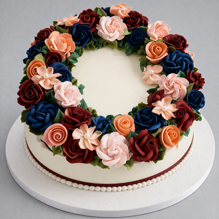 The "Wreath Flowers" cake is a round white cake decorated with a wreath of colorful buttercream flowers, displayed on a white board against a gray background—ideal for specialty birthdays with custom pricing available.