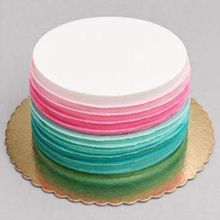 The Ruffled Multi specialty birthday cake features smooth white icing on top and layered pastel pink, blue, and teal ruffled frosting on the sides, all displayed on a gold scalloped cake board.