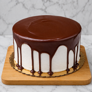 The Chocolate Drizzle Layer Cake features smooth white frosting and glossy chocolate ganache dripping over the sides, presented on a gold cake board atop a wooden surface with a marble background.
