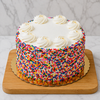 The Funfetti Layer Cake, a round white cake with buttercream frosting, rainbow sprinkles, and swirls of white icing, sits on a wooden board against a marble background.