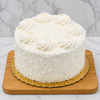 The Snowball Layer Cake is a round white coconut cake covered in shredded coconut, topped with eight buttercream swirls, and displayed on a gold cake board atop wood with a marble backdrop.