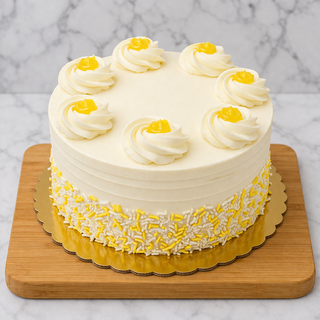 The Lemon Layer Cake features smooth white buttercream, eight icing swirls topped with yellow filling, yellow and white sprinkles around the base, and is presented on a gold board and wooden tray.