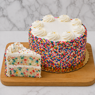 The Funfetti Cake features white buttercream frosting, colorful sprinkles on the sides, and piped cream swirls on top. A slice reveals rainbow sprinkle cake layers inside. The cake is displayed on a wooden board.