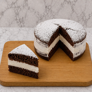 The Whoopie Pie Cake sits on a wooden board, topped with powdered sugar and thick buttercream. A slice is cut out and placed in front of the cake, which resembles an oversized whoopie pie against a marble background.