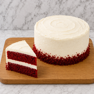 The Red Velvet with Cream Cheese cake features two layers of red sponge and white cream cheese frosting, topped with red crumbs. Presented on a wooden board against a marble background, one slice is cut to show the rich interior.