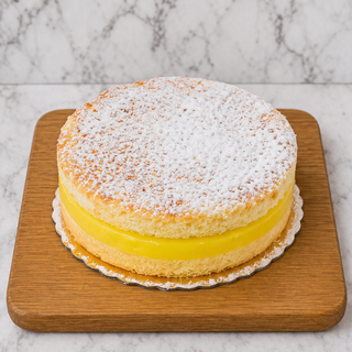 The Lemon Delight Cake, a round chiffon cake filled with yellow custard and topped with powdered sugar, rests on a wooden board against a marble background.