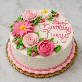 The Decorated Layer Cake is round and white with pink and white buttercream flowers, green leaves, and "Happy Birthday Kerry" in pink icing. Finished with smooth buttercream frosting, it sits on a gold board.