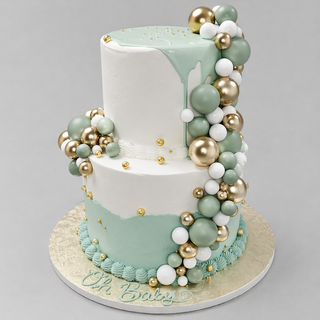 Balloon Cascade: A two-tiered white and mint green cake adorned with gold, mint, and white spherical candies cascading down the side, featuring "Oh Baby" on the base.
