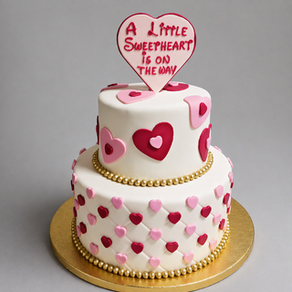 The Heart Tier is a two-tiered white baby shower cake adorned with pink and red hearts, gold bead borders, and a heart-shaped topper reading "A Little Sweetheart is on the Way," displayed on a gold board.