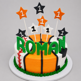 The Sports Stars cake features orange, black, and white stripes, green frosting at the base, star toppers with a number 1, large green letters spelling ROMAN, and a baseball stitch detail on the side.