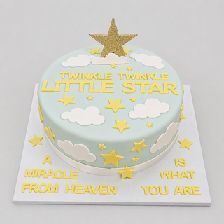 The "Little Star" cake is a round custom treat with clouds and yellow stars, topped by a gold star. It reads "Twinkle Twinkle Little Star" and the board says, "A miracle from heaven is what you are"—perfect for baby showers.