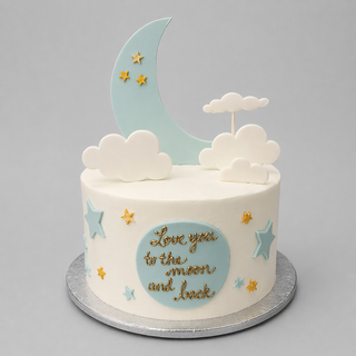 Moon Love is a round custom cake featuring a pastel blue crescent moon, clouds, and gold stars. "Love you to the moon and back" is written in gold on a blue circle—an ideal choice for birthdays or baby showers.