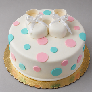 The Booties Dots cake features pink and blue polka dots and custom white fondant booties with ribbon bows, displayed on a gold cake board against a gray background.
