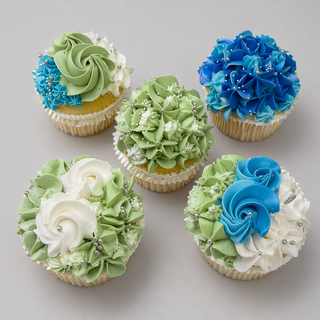 Five "Hydrangea Mixed" cupcakes decorated with green, blue, and white buttercream hydrangea-style flowers and silver edible pearls, arranged on a light gray background.
