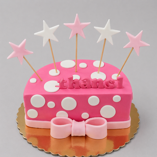 The Half Stars cake features pink icing with white polka dots, five star toppers, a pink-white bow at the base, and “thansi” in pink on top—ideal for baby showers or birthdays. Presented on a gold cake board.