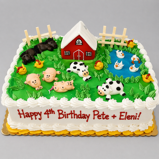 The Farm Animals cake is rectangular and farm-themed, featuring cows, pigs, horses, a red barn, duck pond, fences, and “Happy 4th Birthday Pete + Eleni!” in red icing on the white frosted border.