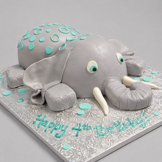 The 3D Elephant birthday cake is shaped like a gray elephant with blue and teal polka dots, large ears, white tusks, and "Happy 4th Birthday!" in blue icing, presented on a silver board.