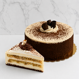 A whole Tiramisu cake with cocoa dusting, chocolate decorations, and creamy mascarpone filling sits beside a slice revealing layers of sponge and cream, all set on a white surface against a marble background.