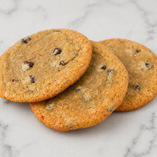 Three flavorful, chewy Large Chocolate Chip Cookies are stacked on a white marble surface. These golden brown cookies feature visible chocolate chips throughout.