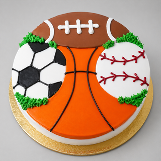 The All Sports cake features football, soccer ball, and basketball designs on green grass-like icing, presented on a gold cake board.