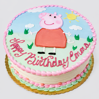 Peppa Happy round birthday cake with a pink icing border, decorated outdoors under a sunny sky and “Happy Birthday Emma” written in pink—perfect for any celebration.