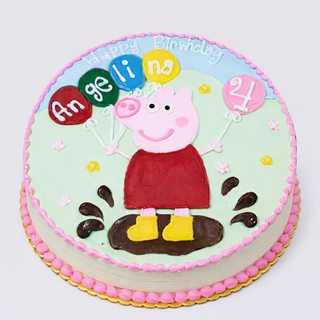 A round birthday cake decorated with a Peppa Balloons design features "Happy Birthday Angelina" and a number 4 on a balloon for her fourth birthday, finished with pink icing trim for a festive look.